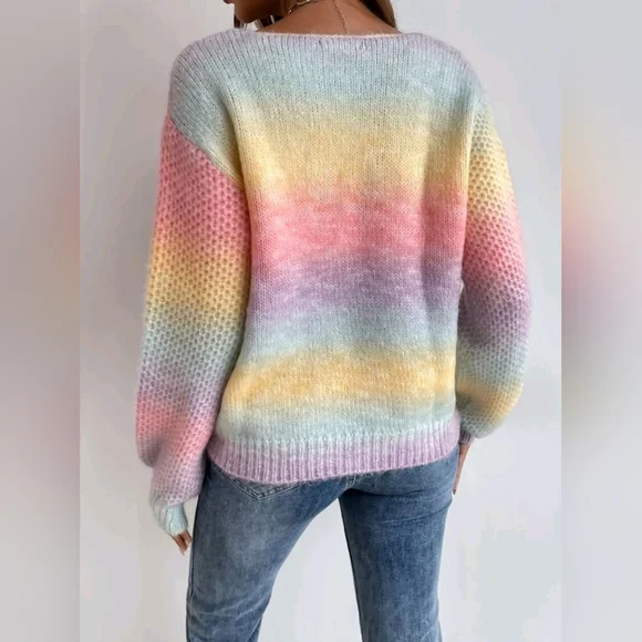New Soft Pretty Pastel Ombre Nubby Knit Sweater Top Pink Yellow Blue - Picture 4 of 5